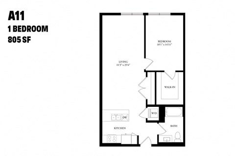 Floor plan for 1 bed, 1 bath, 805 sqft